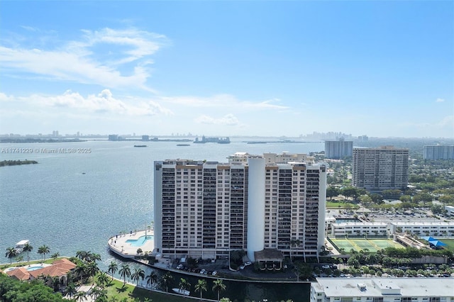 drone / aerial view with a water view