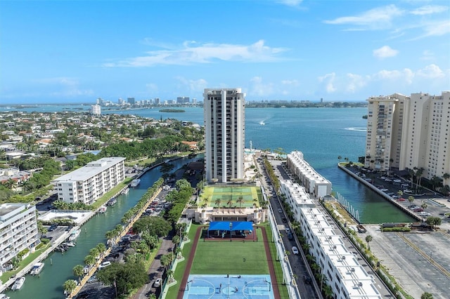 drone / aerial view featuring a water view