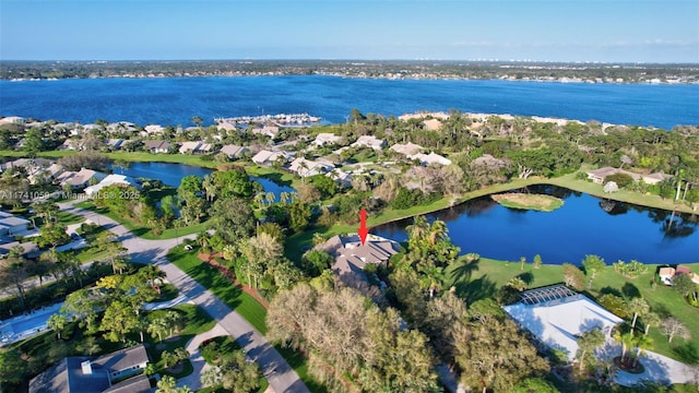 drone / aerial view featuring a water view