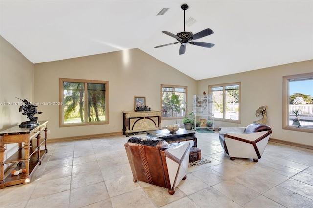 living room featuring lofted ceiling and ceiling fan