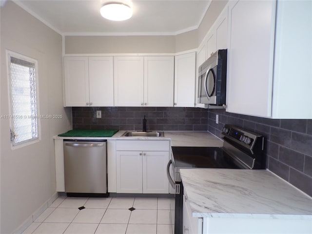 kitchen with white cabinetry, sink, decorative backsplash, and stainless steel appliances