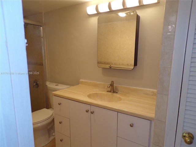 bathroom featuring vanity, an enclosed shower, and toilet