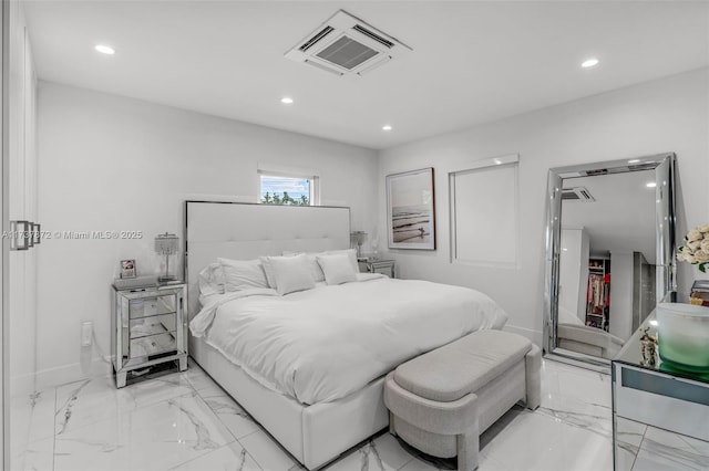 bedroom with baseboards, marble finish floor, visible vents, and recessed lighting