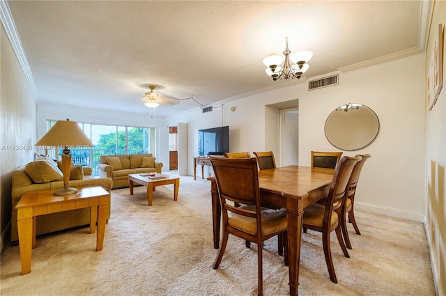 dining space with crown molding, light carpet, a notable chandelier, and a textured ceiling