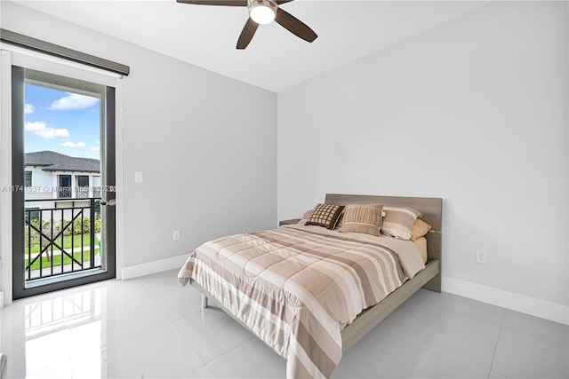 bedroom with light tile patterned floors, access to outside, and ceiling fan