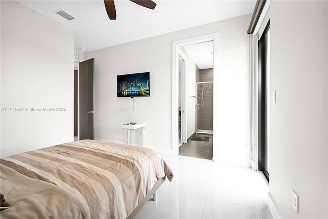 bedroom with ceiling fan, ensuite bathroom, and light tile patterned floors