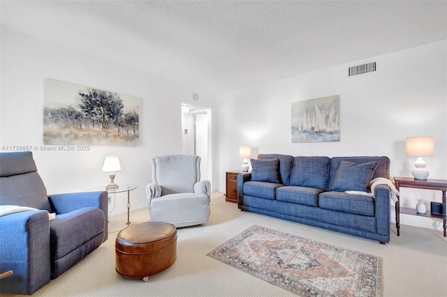 living room featuring a textured ceiling and carpet flooring