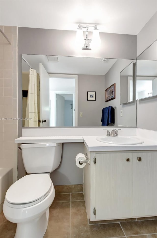 full bathroom with shower / bathtub combination with curtain, vanity, toilet, and tile patterned flooring