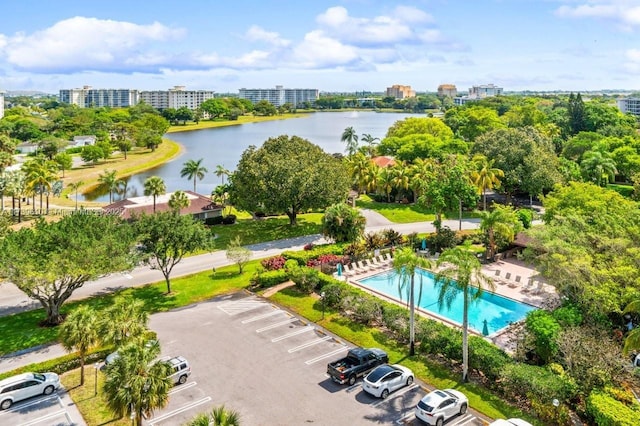 bird's eye view with a water view