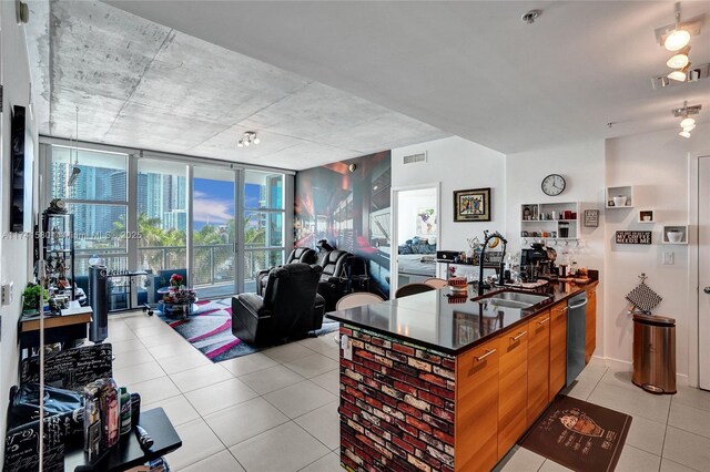 kitchen featuring sink, stainless steel dishwasher, expansive windows, and light tile patterned flooring