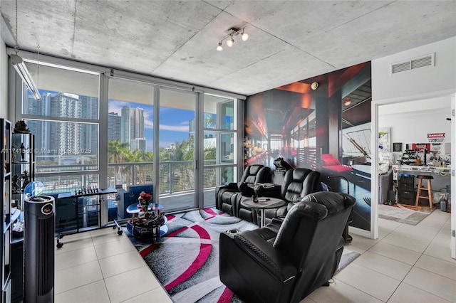 tiled living room with expansive windows