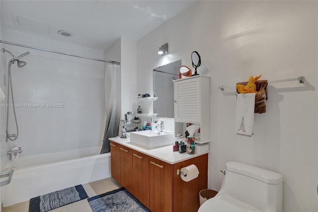 full bathroom featuring vanity, shower / bathtub combination with curtain, and toilet