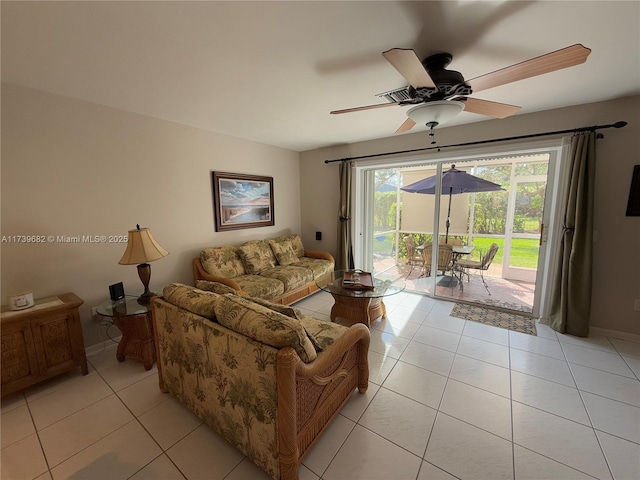 tiled living room featuring ceiling fan