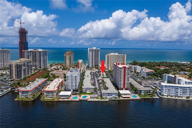 drone / aerial view featuring a water view