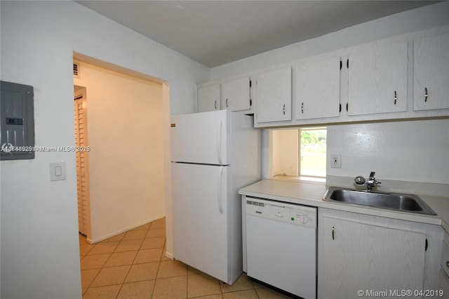 kitchen featuring sink, white appliances, light tile patterned floors, electric panel, and white cabinets