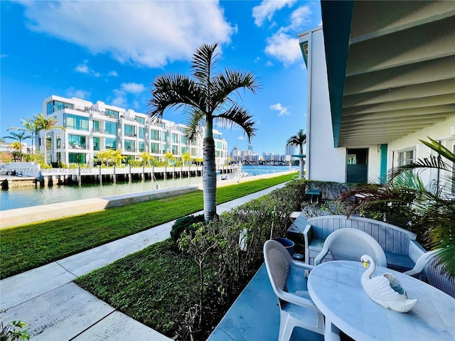 view of patio / terrace featuring a water view