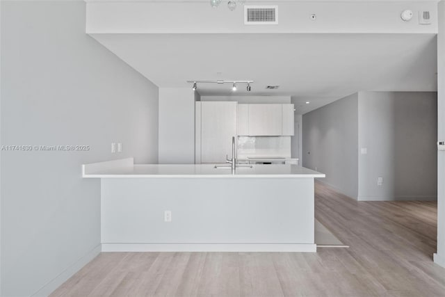 kitchen featuring light countertops, light wood-style flooring, a sink, and visible vents