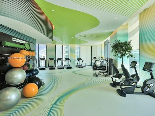 exercise room featuring expansive windows