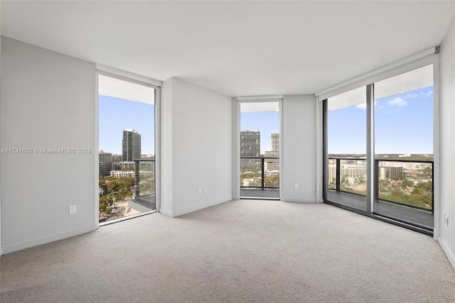 carpeted spare room with a healthy amount of sunlight, baseboards, a wall of windows, and a city view