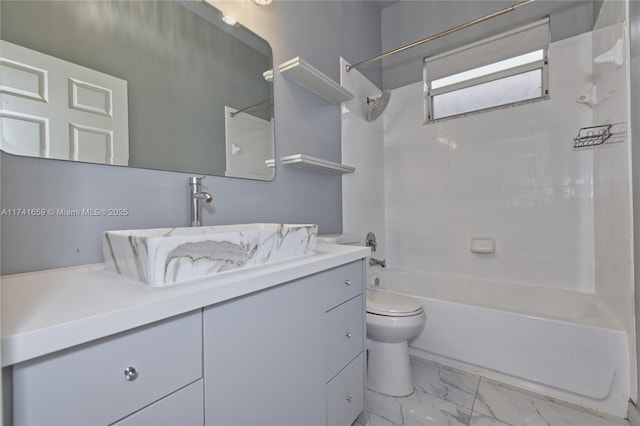 bathroom with shower / bath combination, marble finish floor, toilet, and vanity