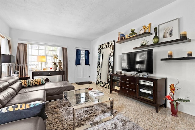 living room with a textured ceiling