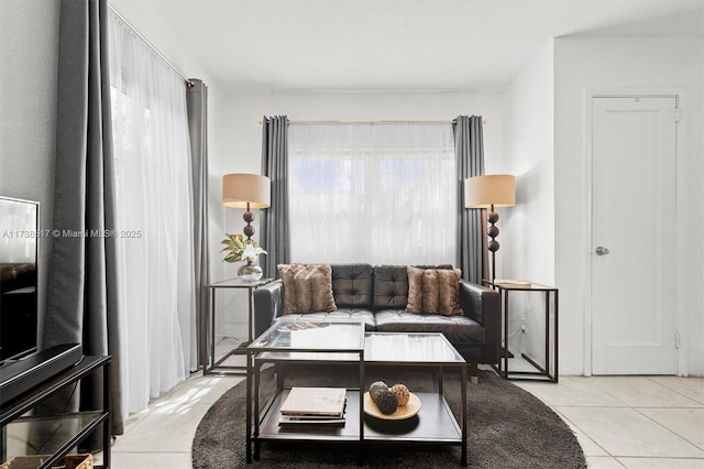 tiled living room with plenty of natural light