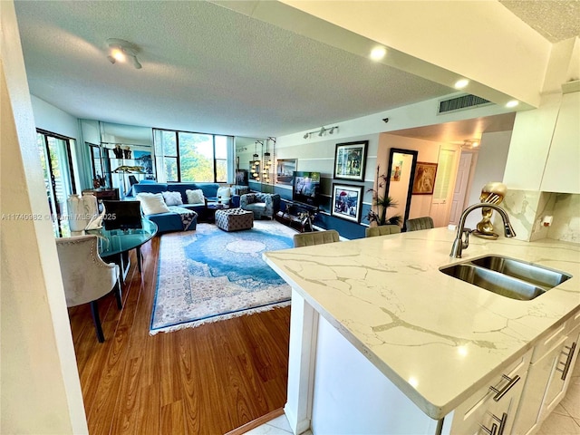 3850 Washington St Unit 317, Hollywood, FL 33021 - kitchen featuring sink, tasteful backsplash, light stone countertops, a textured ceiling, and light wood-type flooring