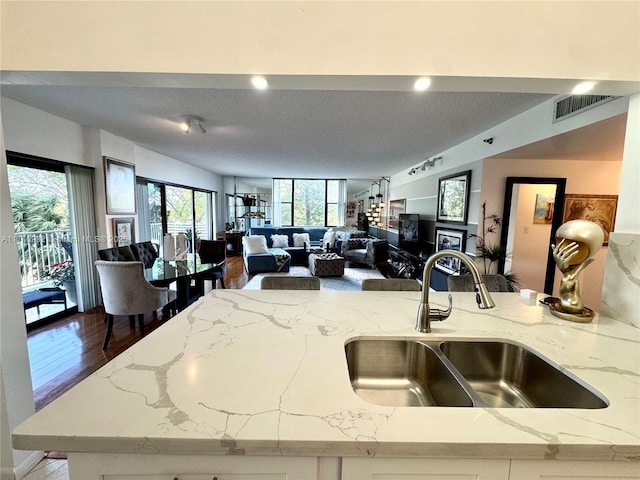 3850 Washington St Unit 317, Hollywood, FL 33021 - kitchen featuring sink, light stone countertops, hardwood / wood-style floors, and a textured ceiling