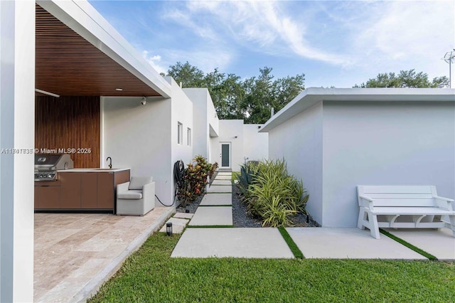 view of yard with a patio area and an outdoor kitchen