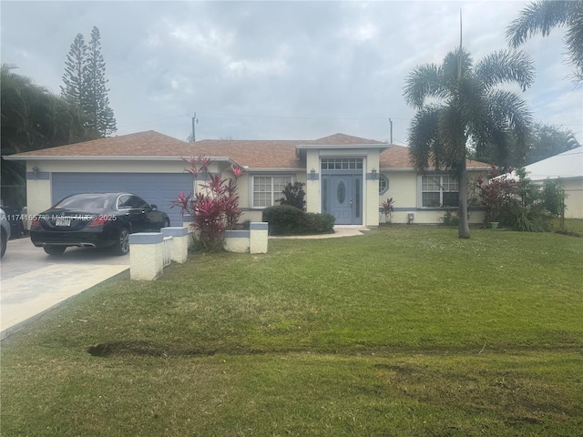 ranch-style home with a garage and a front yard