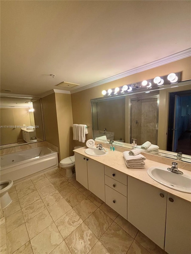 bathroom featuring crown molding, vanity, and shower with separate bathtub