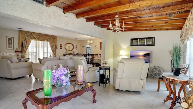 living room featuring light tile patterned floors, beam ceiling, wooden ceiling, and a chandelier