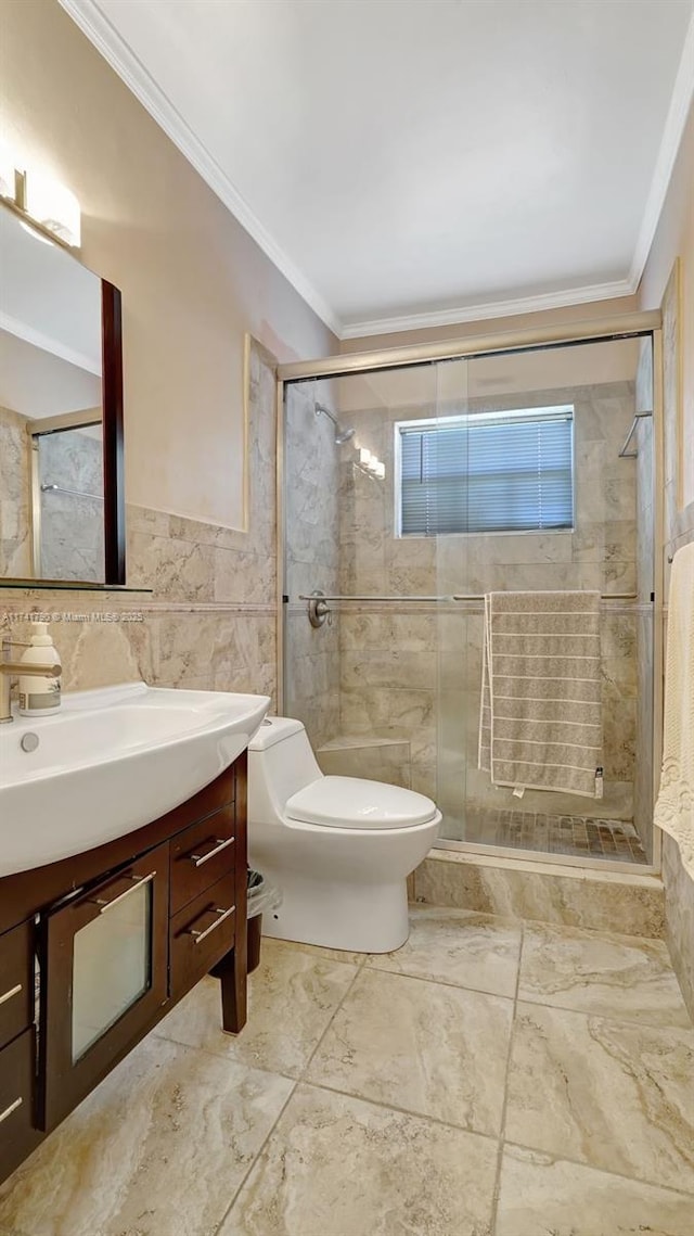 bathroom featuring tiled shower, ornamental molding, and tile walls