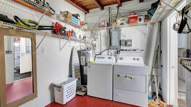 laundry room with water heater, electric panel, and washer and clothes dryer