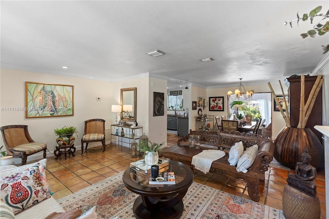 tiled living room featuring crown molding and an inviting chandelier