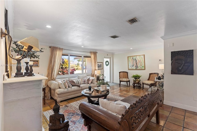 living room with crown molding and a textured ceiling