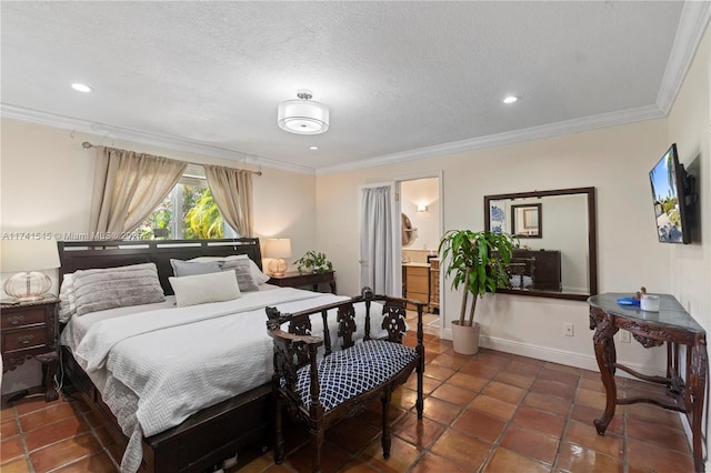 tiled bedroom featuring crown molding, a textured ceiling, and ensuite bath