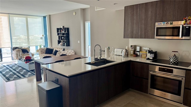 kitchen with sink, dark brown cabinetry, kitchen peninsula, stainless steel appliances, and floor to ceiling windows