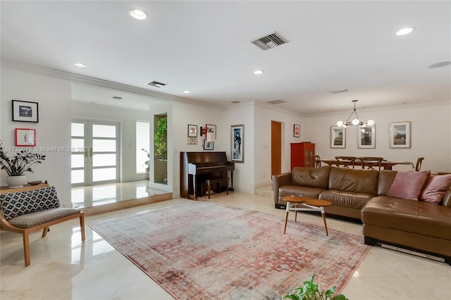 tiled living room with crown molding, an inviting chandelier, and french doors