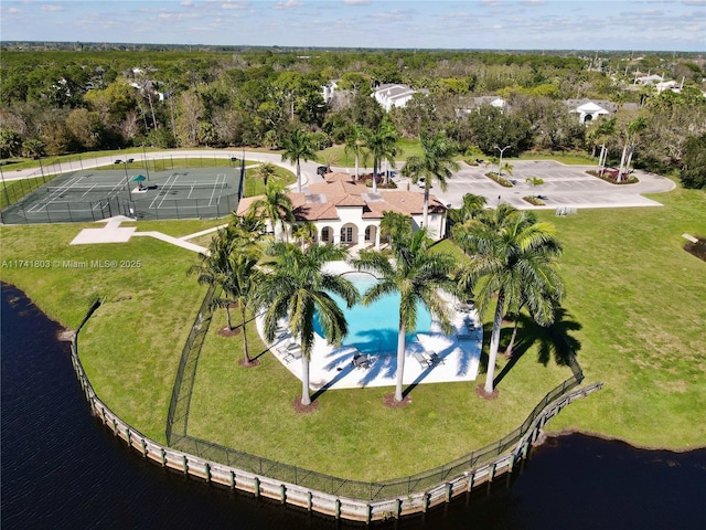 aerial view featuring a water view