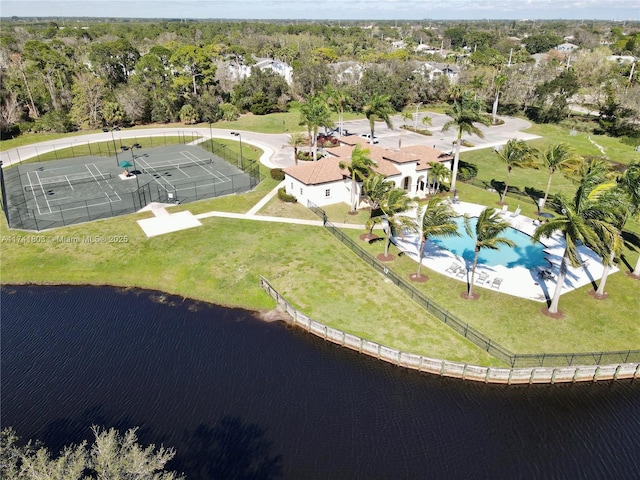bird's eye view with a water view