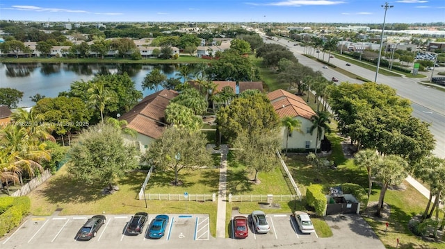 aerial view featuring a water view