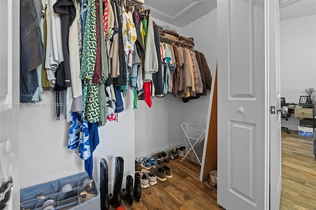 walk in closet with hardwood / wood-style floors