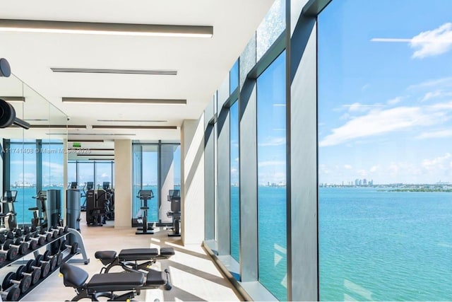 gym featuring a water view and a barn door