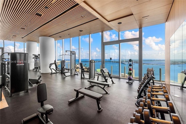 gym with a water view and floor to ceiling windows