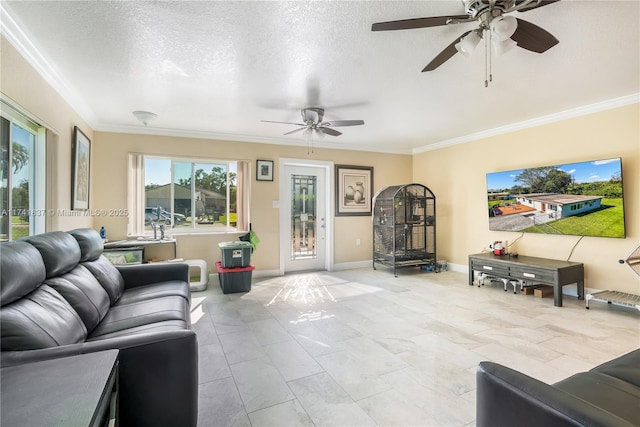 1601 SW 117th Ave, Davie, FL 33325 - living area featuring a textured ceiling, baseboards, ornamental molding, and ceiling fan