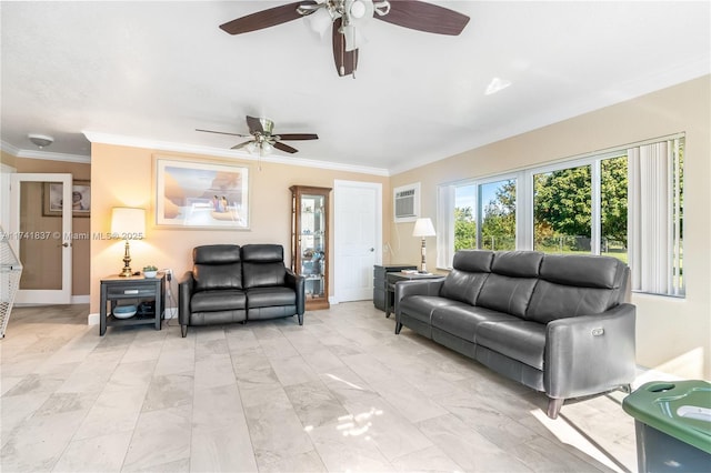 living room with ornamental molding and an AC wall unit