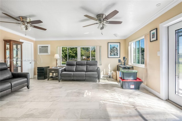 living room with ceiling fan, crown molding, and a wall mounted AC