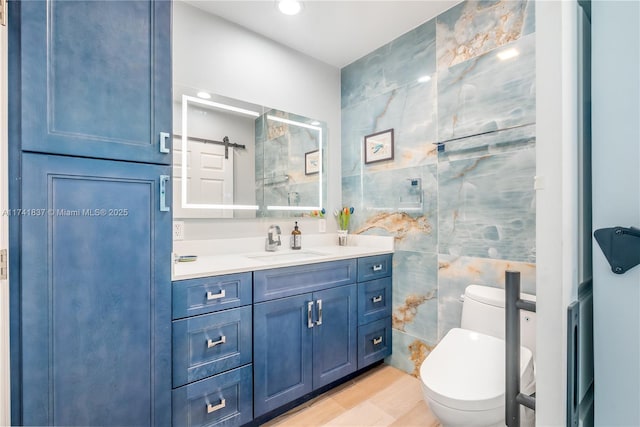 1601 SW 117th Ave, Davie, FL 33325 - bathroom with recessed lighting, vanity, tile walls, and toilet