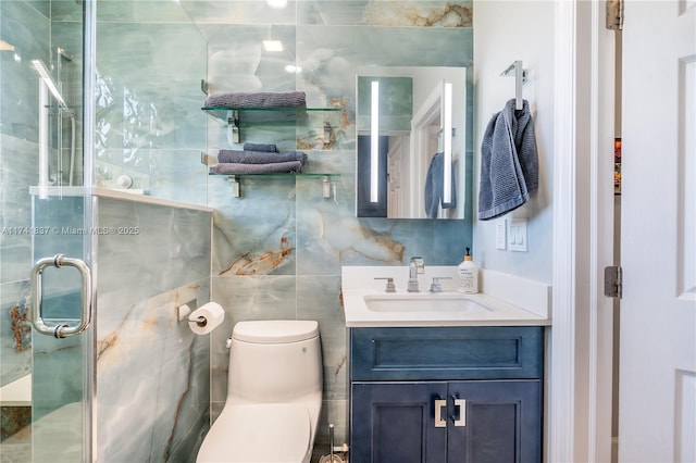 1601 SW 117th Ave, Davie, FL 33325 - bathroom with tile walls, toilet, a stall shower, and vanity